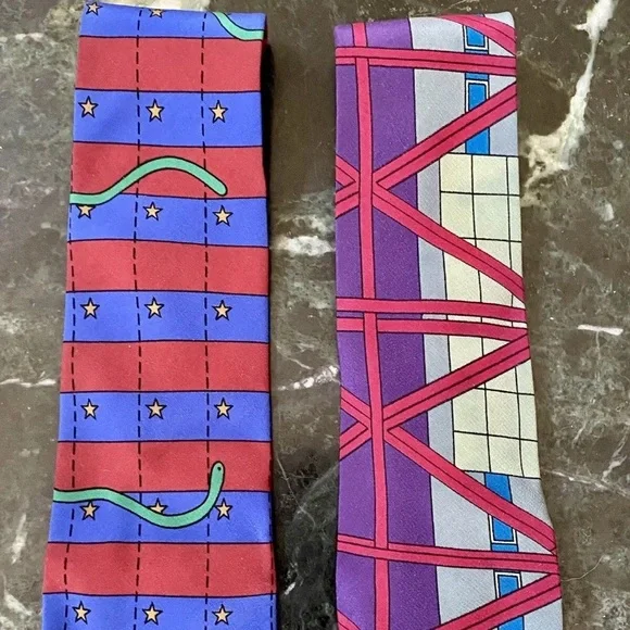 2 VINTAGE 1990s ARQ ARQUITECTONICA PRODUCTS SILK TIES STRIPES SNAKES BUILDINGS